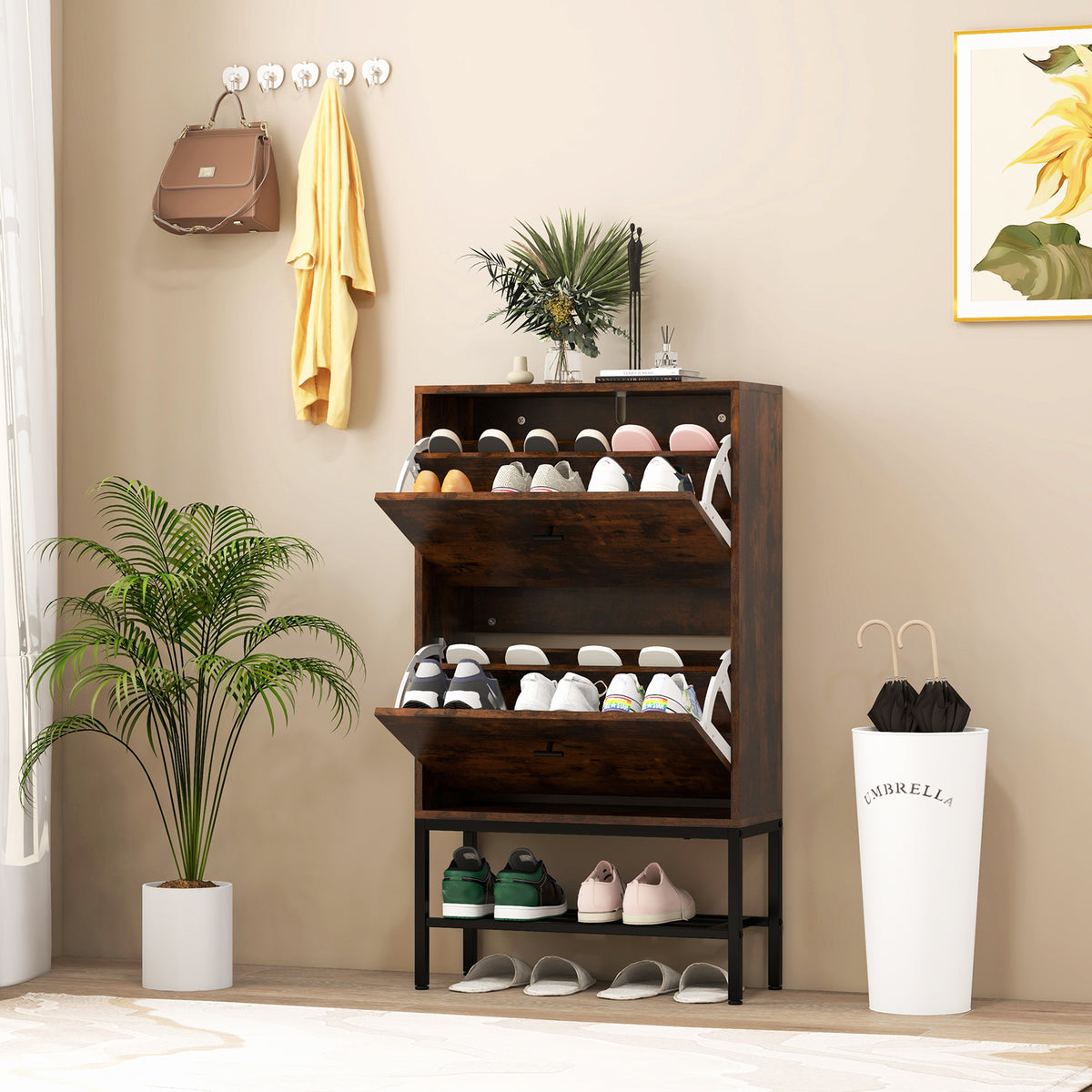 Industrial Shoe Storage Cabinet with 2 Flip Drawers and 1 Bottom