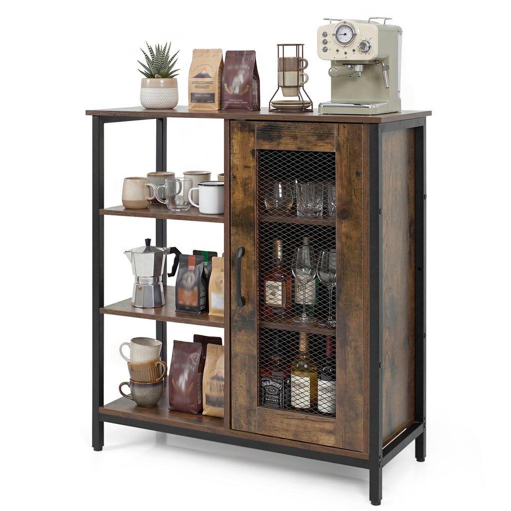 Industrial Side Cabinet with Metal Mesh Door, 3 Shelves – Rustic Brown