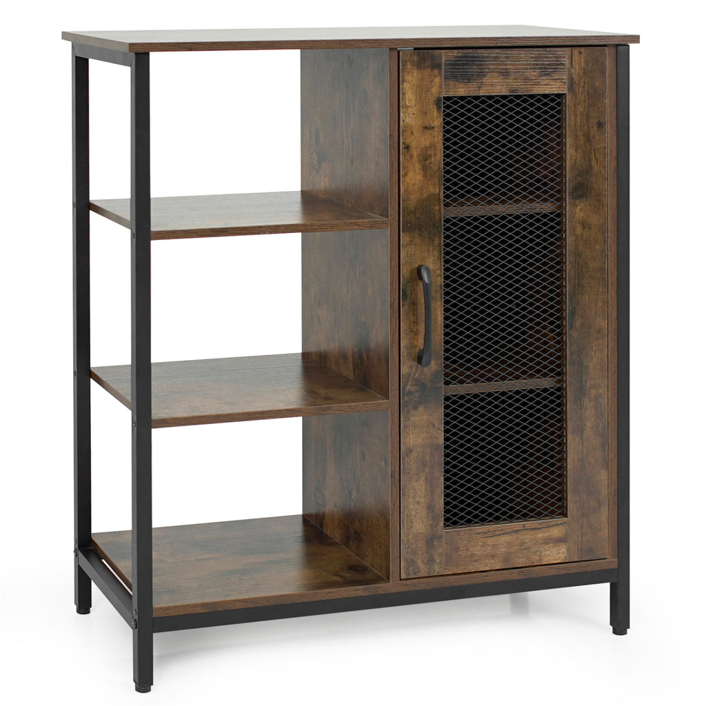 Industrial Side Cabinet with Metal Mesh Door, 3 Shelves – Rustic Brown