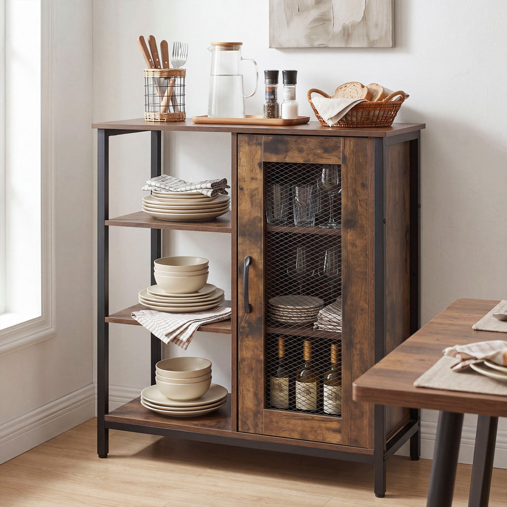 Industrial Side Cabinet with Metal Mesh Door, 3 Shelves – Rustic Brown