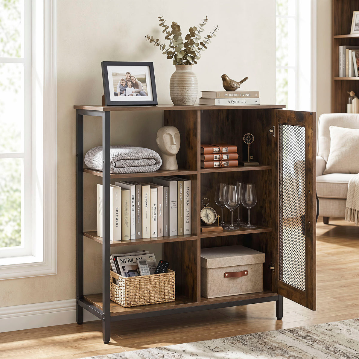 Industrial Side Cabinet with Metal Mesh Door, 3 Shelves – Rustic Brown