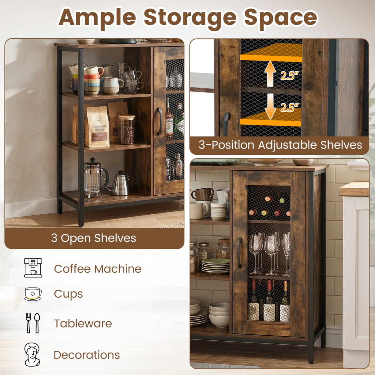 Industrial Side Cabinet with Metal Mesh Door, 3 Shelves – Rustic Brown