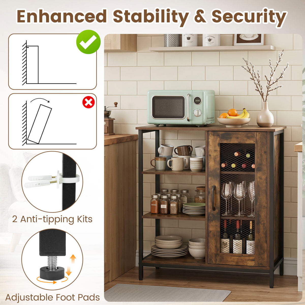 Industrial Side Cabinet with Metal Mesh Door, 3 Shelves – Rustic Brown