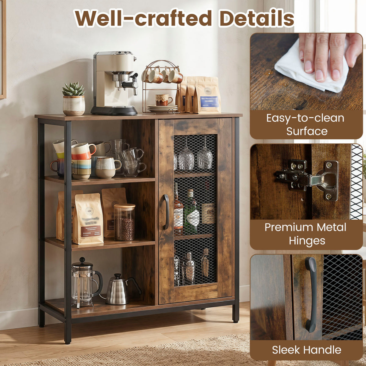 Industrial Side Cabinet with Metal Mesh Door, 3 Shelves – Rustic Brown