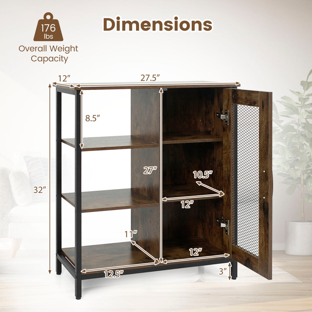 Industrial Side Cabinet with Metal Mesh Door, 3 Shelves – Rustic Brown