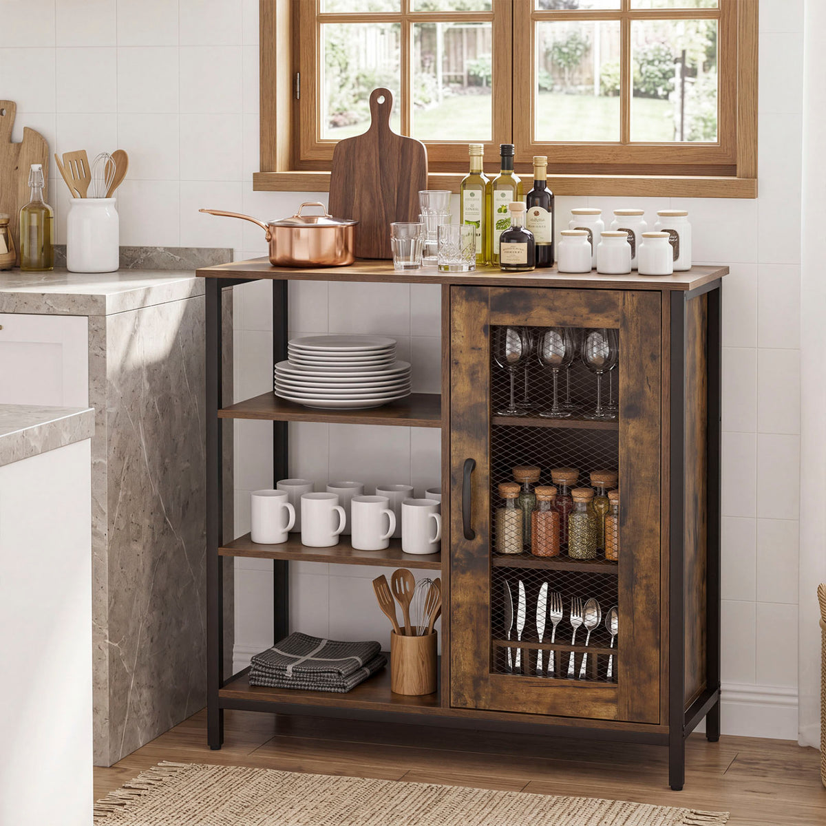 Industrial Side Cabinet with Metal Mesh Door, 3 Shelves – Rustic Brown