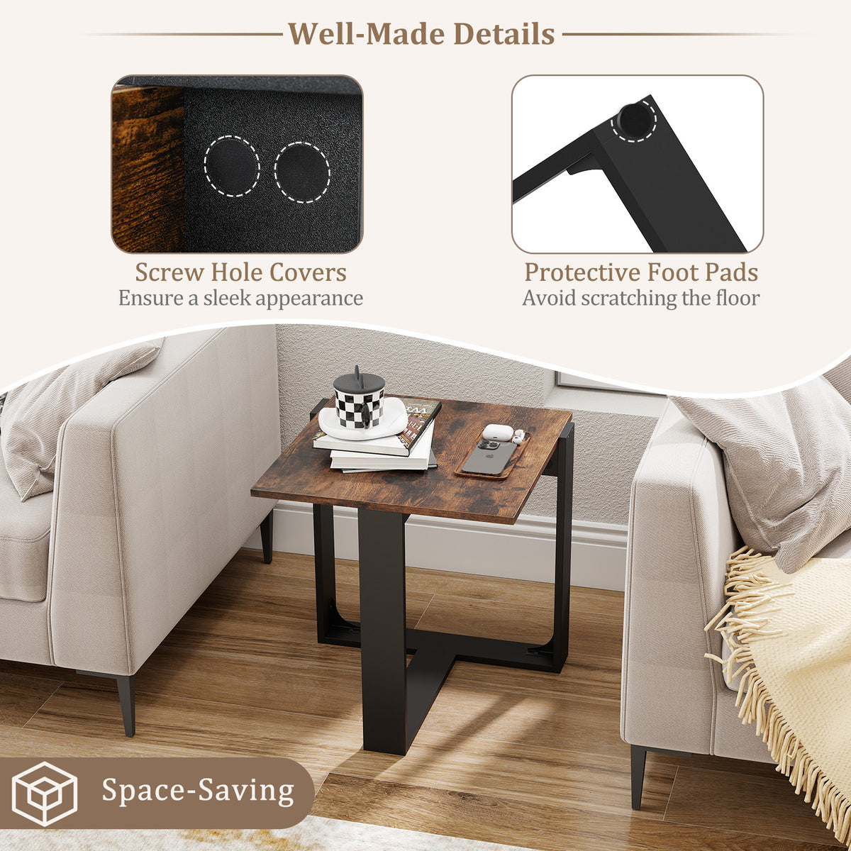 Industrial Sofa End Table with Metal Frame, 1 Piece