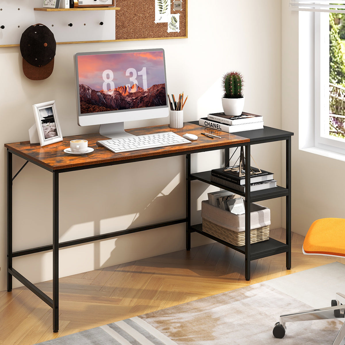 55 Inch Writing Desk with Storage Shelves, Rustic Brown