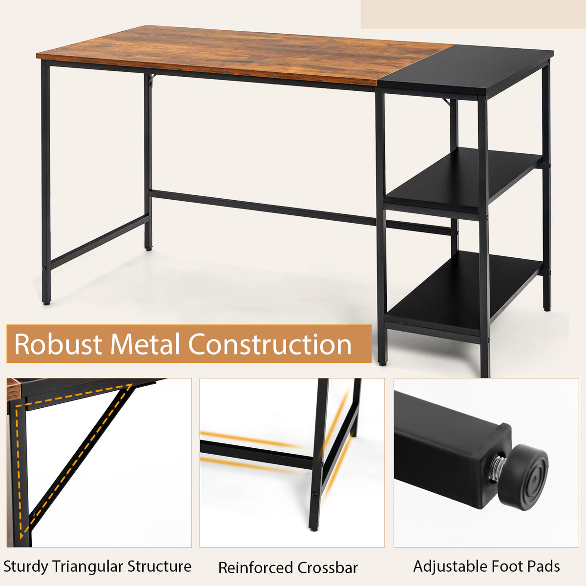 55 Inch Writing Desk with Storage Shelves, Rustic Brown