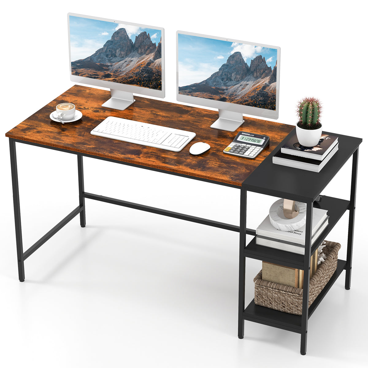 55 Inch Writing Desk with Storage Shelves, Rustic Brown