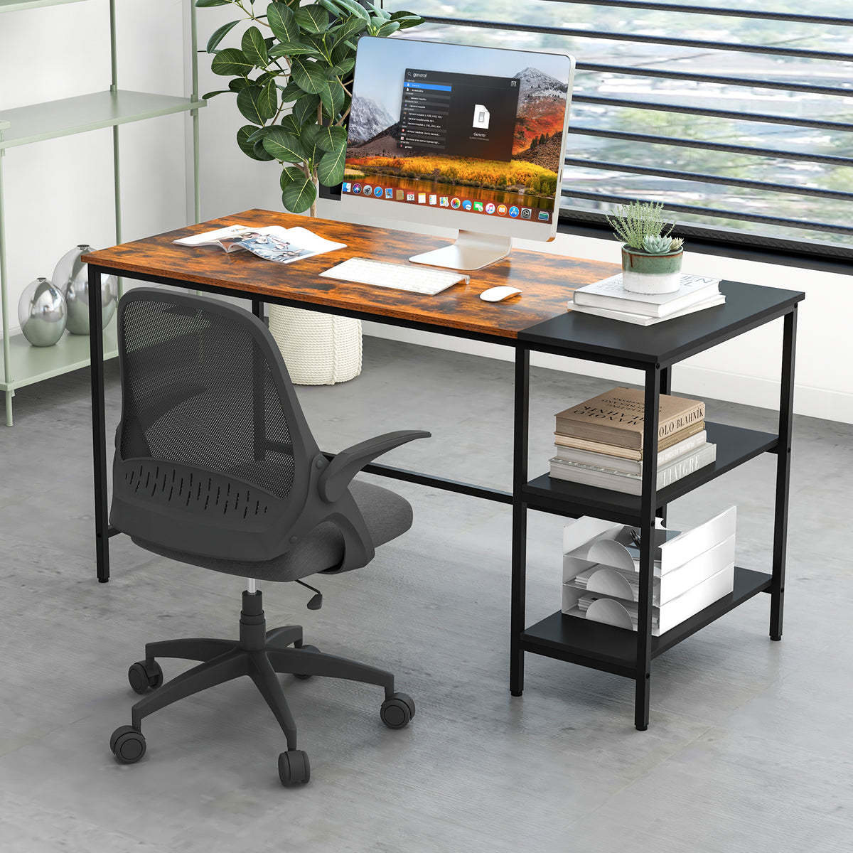 55 Inch Writing Desk with Storage Shelves, Rustic Brown