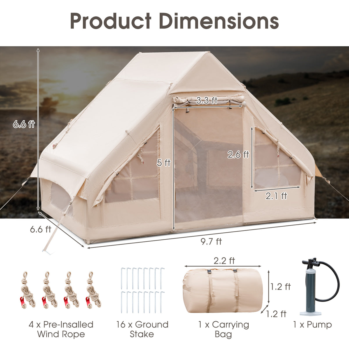 Inflatable Camping Tent 2/4/6 People Glamping for Family with Pump