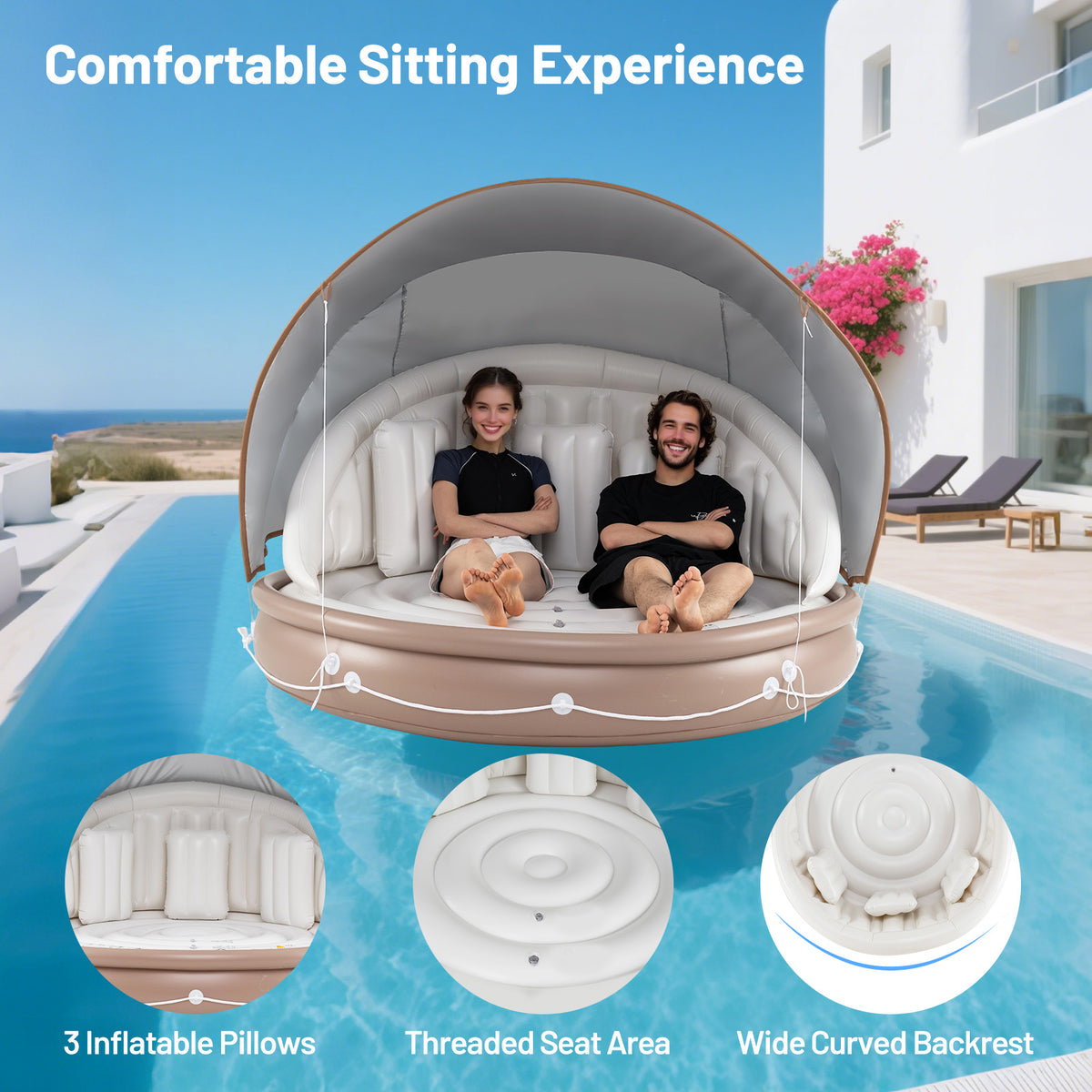 Inflatable Canopy Island Tanning Pool Float with Retractable Canopy - Round Raft