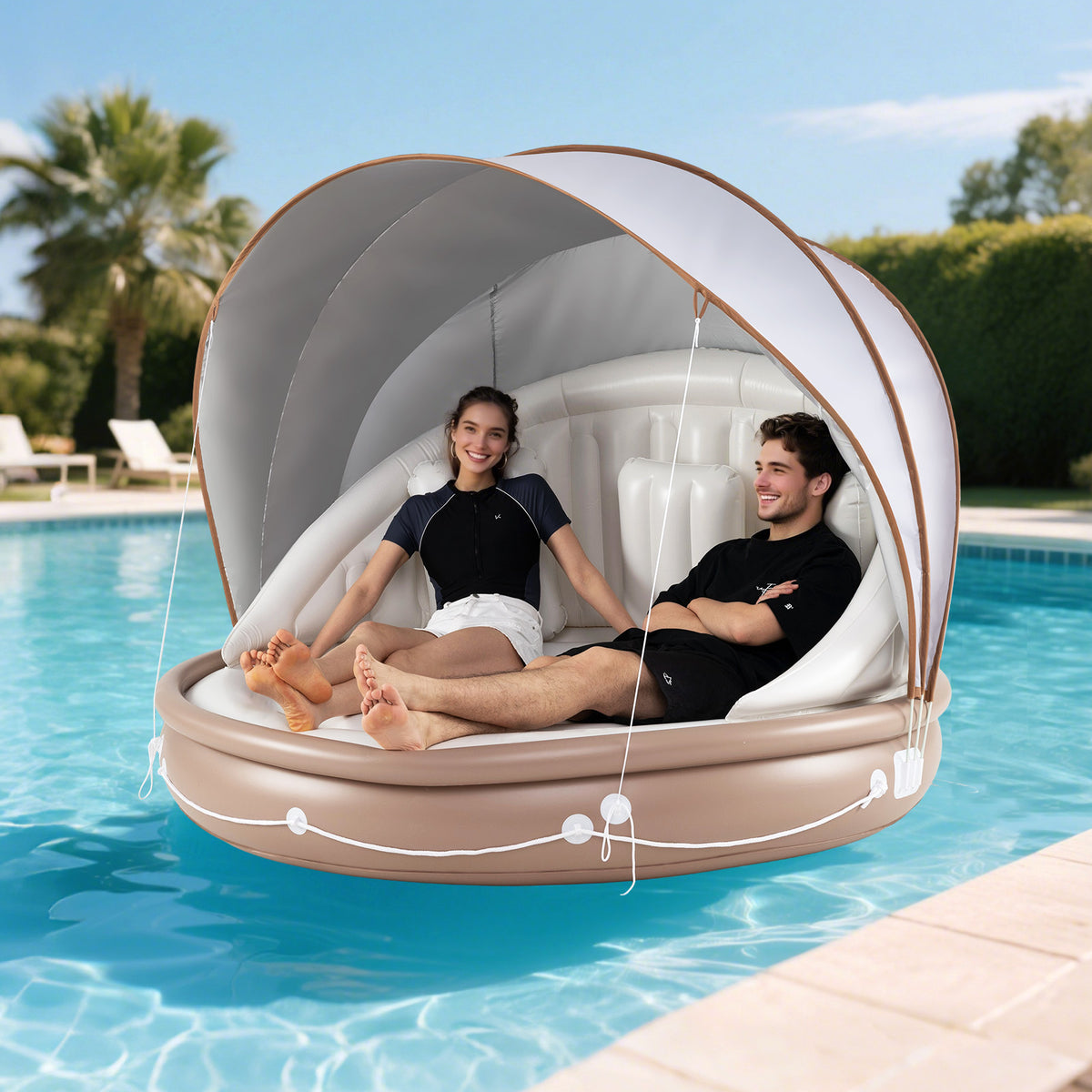 Inflatable Canopy Island Tanning Pool Float with Retractable Canopy - Round Raft