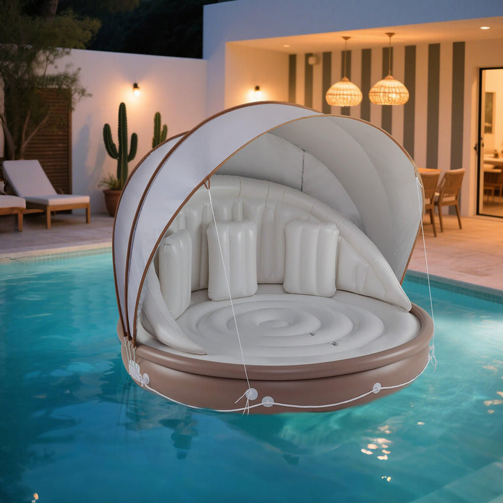 Inflatable Canopy Island Tanning Pool Float with Retractable Canopy - Round Raft