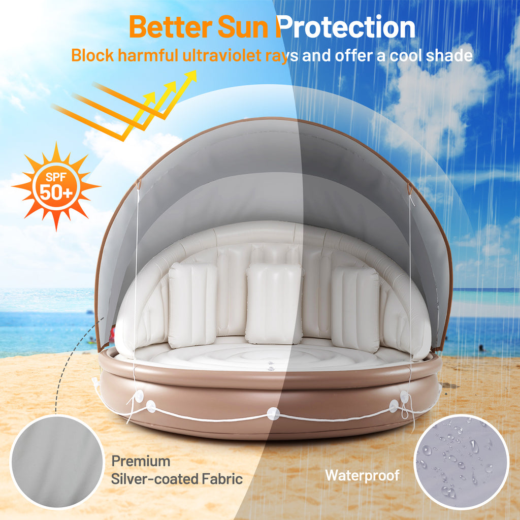 Inflatable Canopy Island Tanning Pool Float with Retractable Canopy - Round Raft