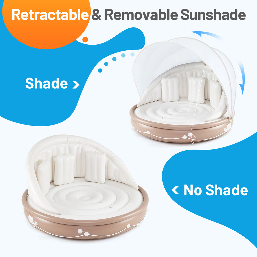 Inflatable Canopy Island Tanning Pool Float with Retractable Canopy - Round Raft