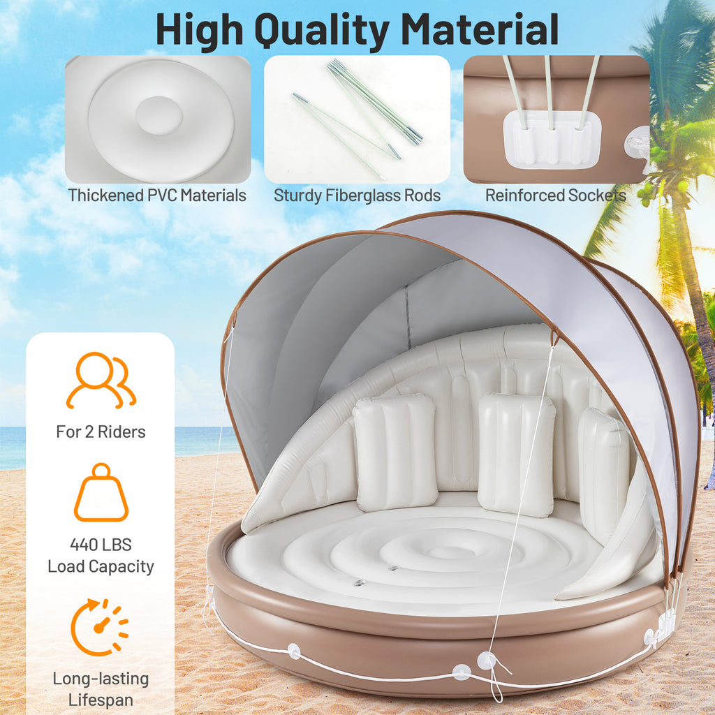 Inflatable Canopy Island Tanning Pool Float with Retractable Canopy - Round Raft