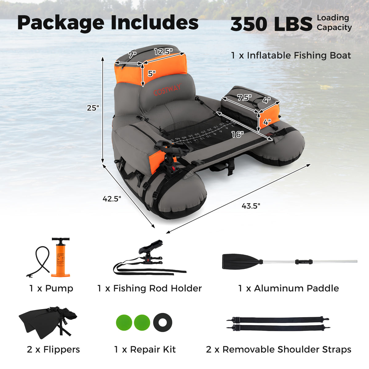 Inflatable Fishing Float Tube with Shoulder Straps & Storage - Orange