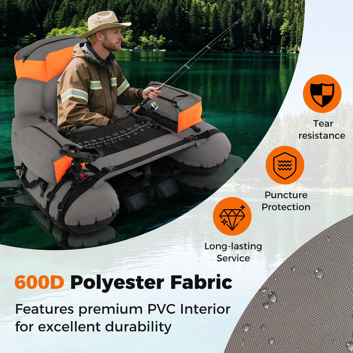 Inflatable Fishing Float Tube with Shoulder Straps & Storage - Orange