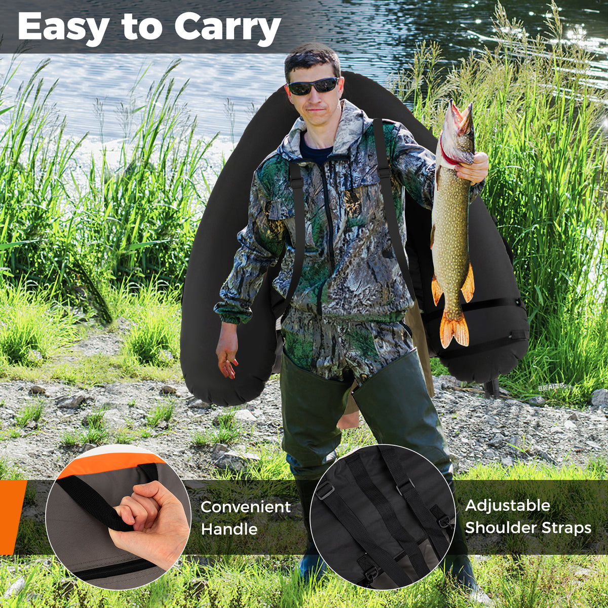 Inflatable Fishing Float Tube with Shoulder Straps & Storage - Orange