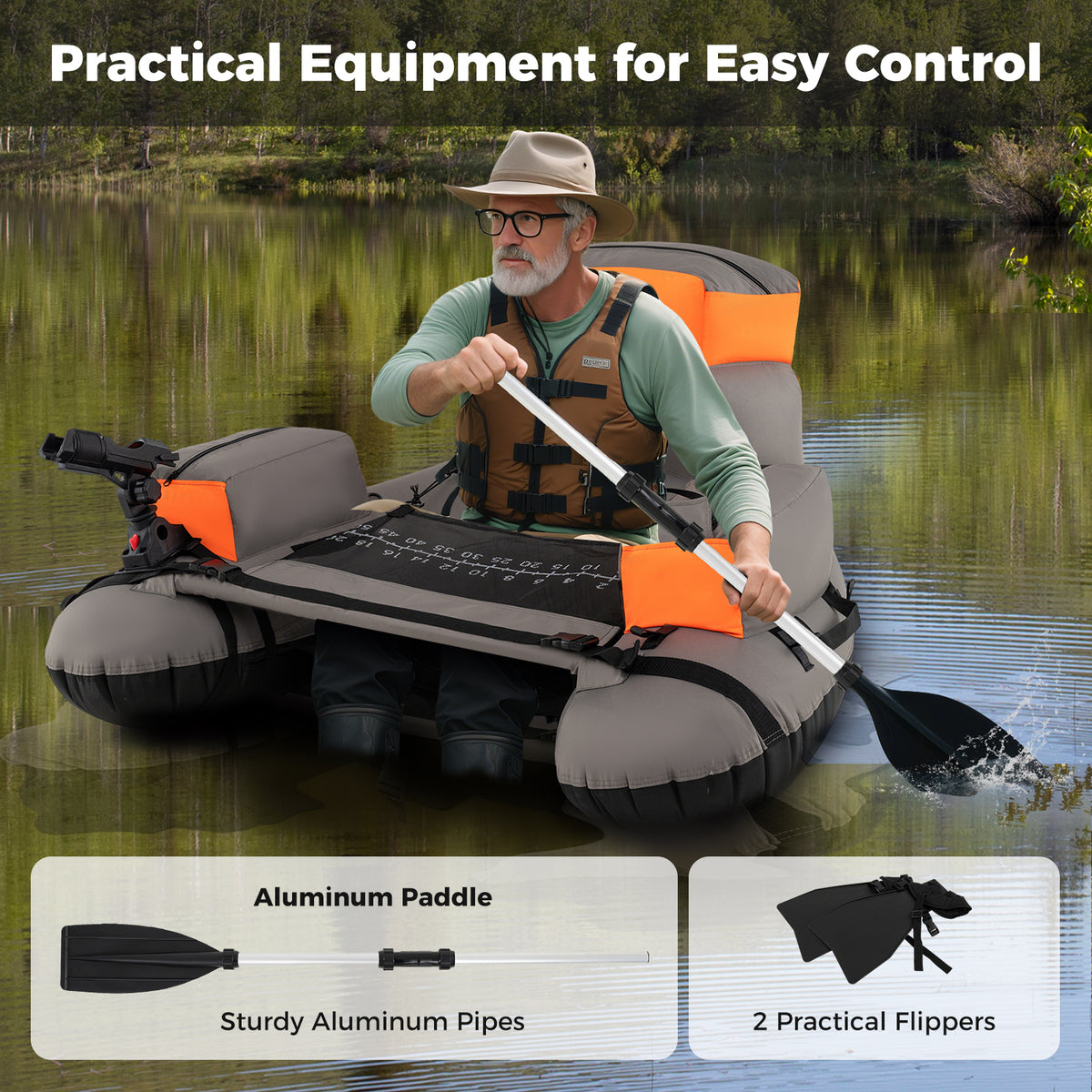 Inflatable Fishing Float Tube with Shoulder Straps & Storage - Orange