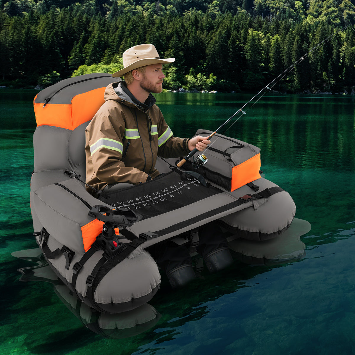 Inflatable Fishing Float Tube with Shoulder Straps & Storage - Orange