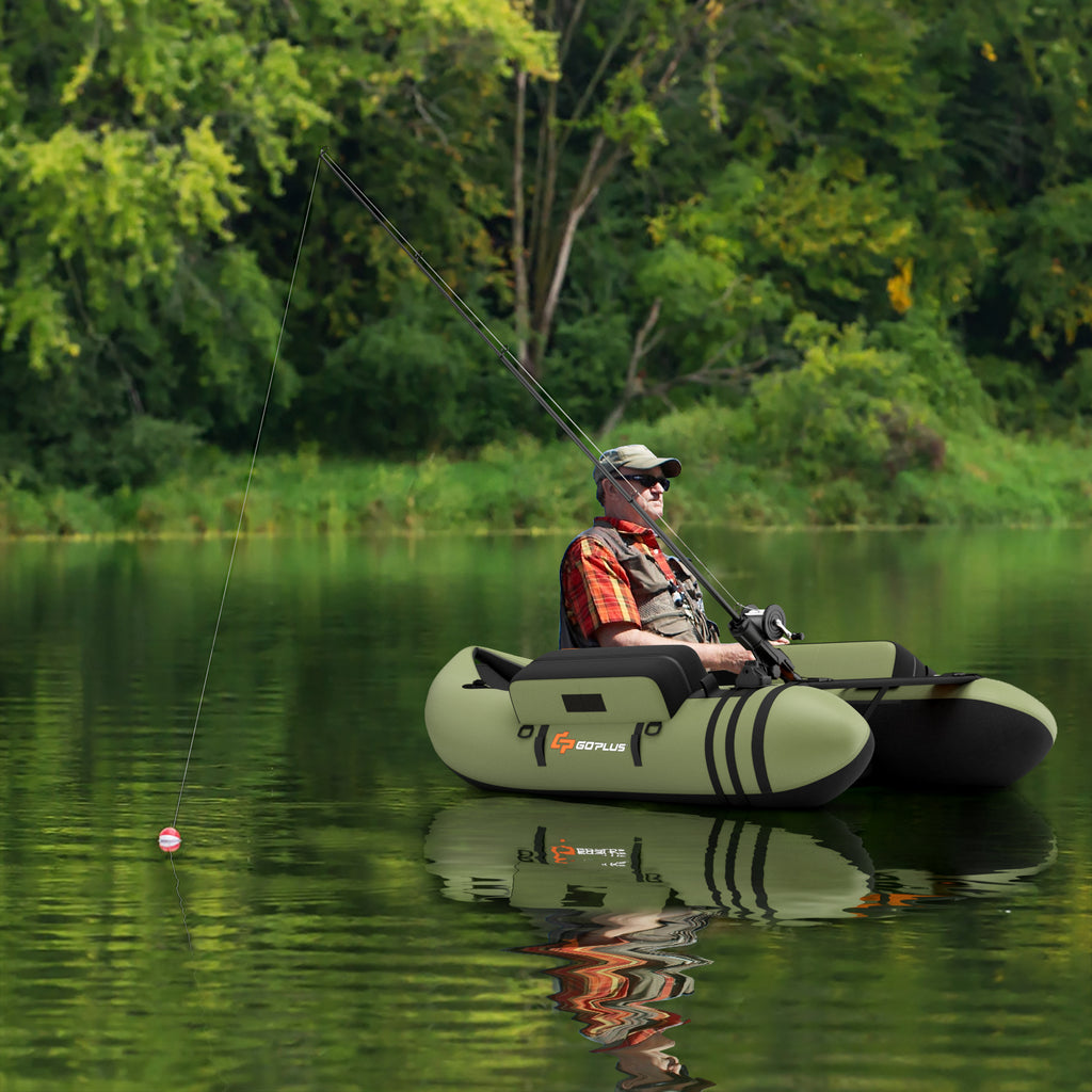 Inflatable Fishing Float Tube with Pump, Storage Pockets & Fish Ruler - Green
