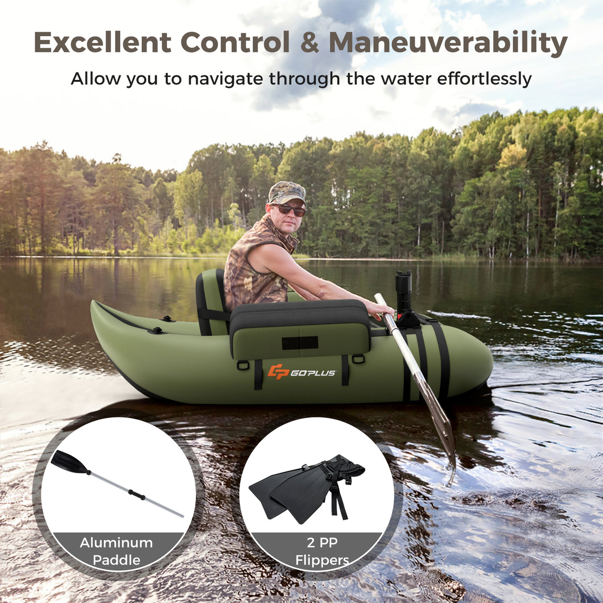 Inflatable Fishing Float Tube with Pump, Storage Pockets & Fish Ruler - Green