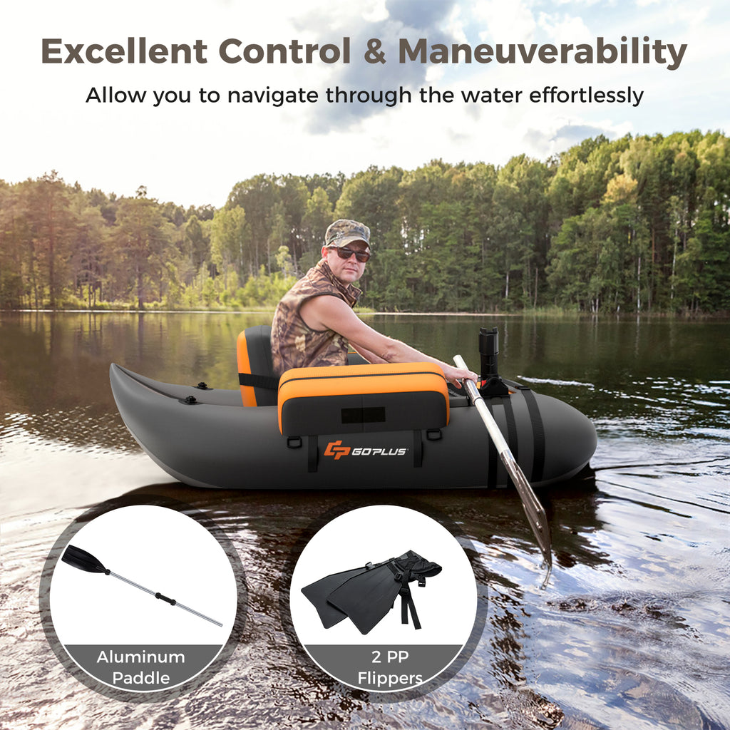Inflatable Fishing Float Tube with Pump, Storage Pockets & Fish Ruler - Gray