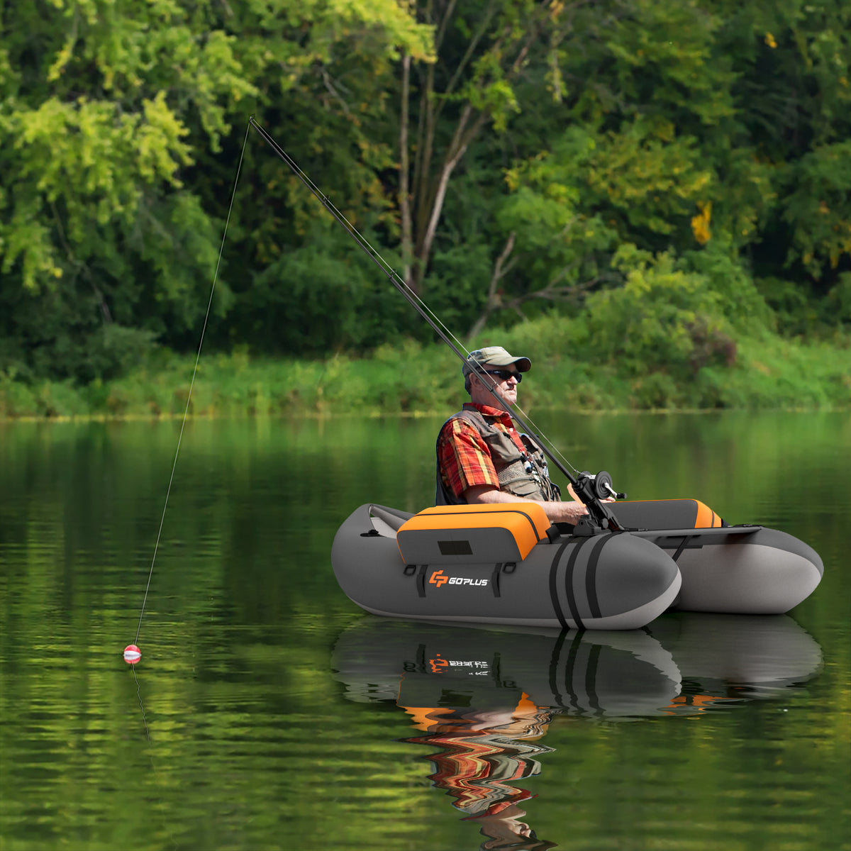 Inflatable Fishing Float Tube with Pump, Storage Pockets & Fish Ruler - Gray