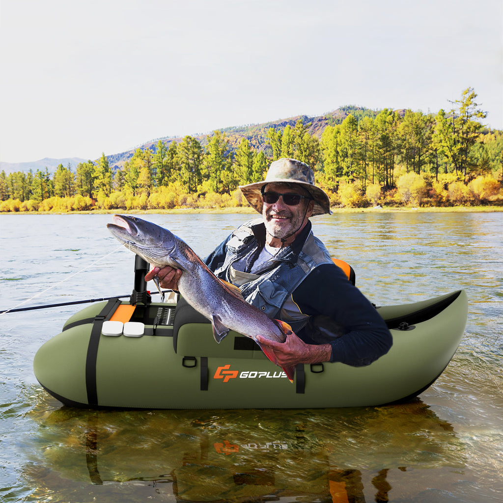 Inflatable Fishing Float Tube with Pump, Storage Pockets & Fish Ruler - Green
