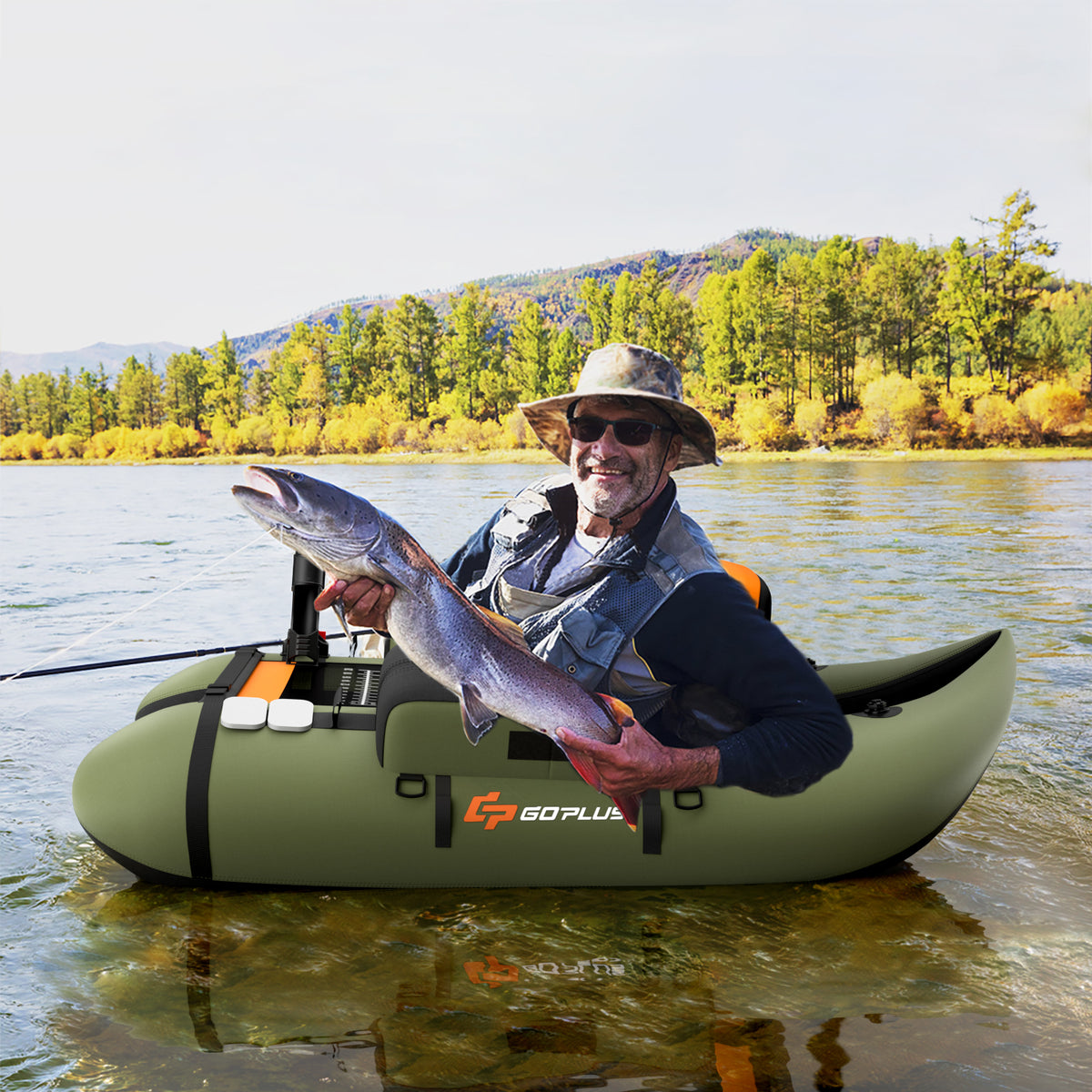 Inflatable Fishing Float Tube with Pump, Storage Pockets & Fish Ruler - Green