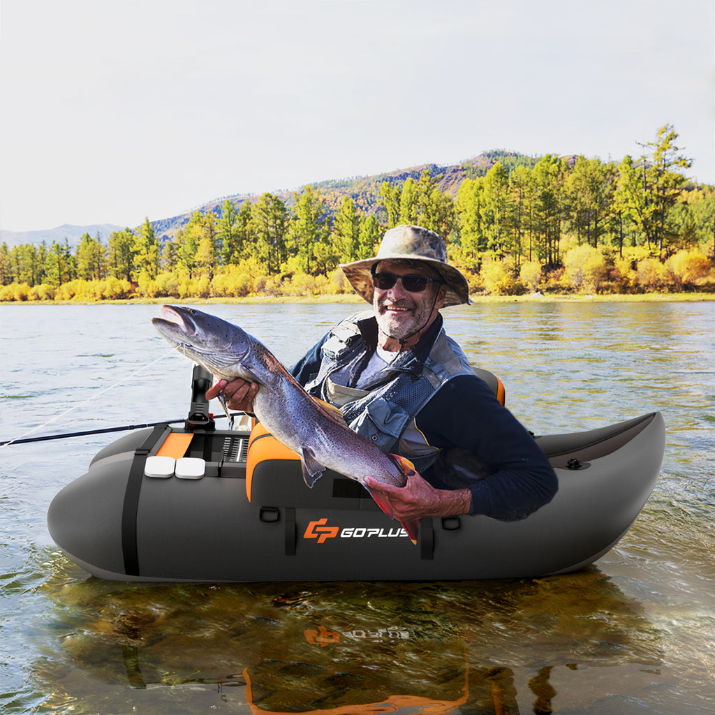 Inflatable Fishing Float Tube with Pump, Storage Pockets & Fish Ruler - Gray