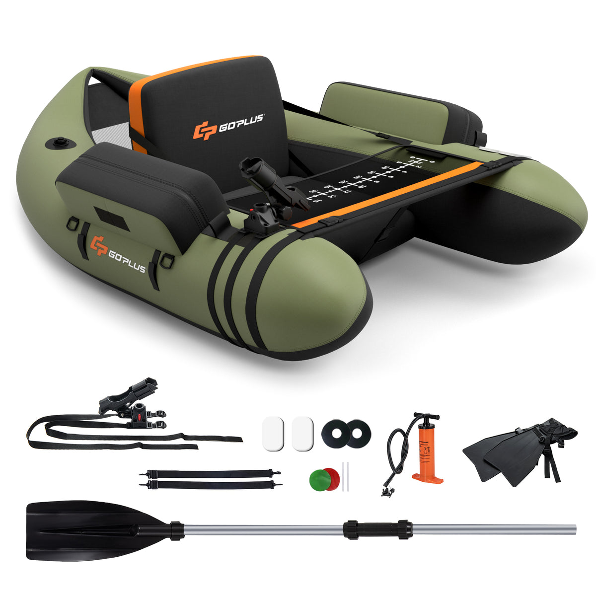 Inflatable Fishing Float Tube with Pump, Storage Pockets & Fish Ruler - Green