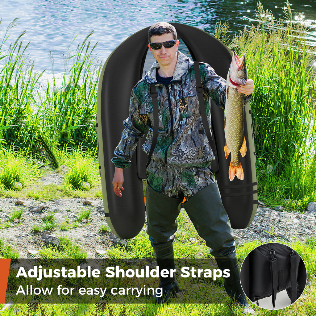 Inflatable Fishing Float Tube with Pump, Storage Pockets & Fish Ruler - Green