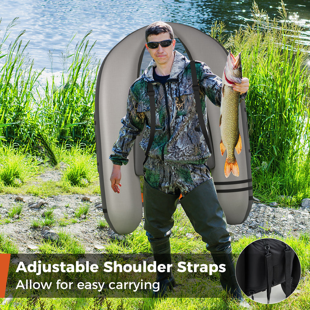 Inflatable Fishing Float Tube with Pump, Storage Pockets & Fish Ruler - Gray