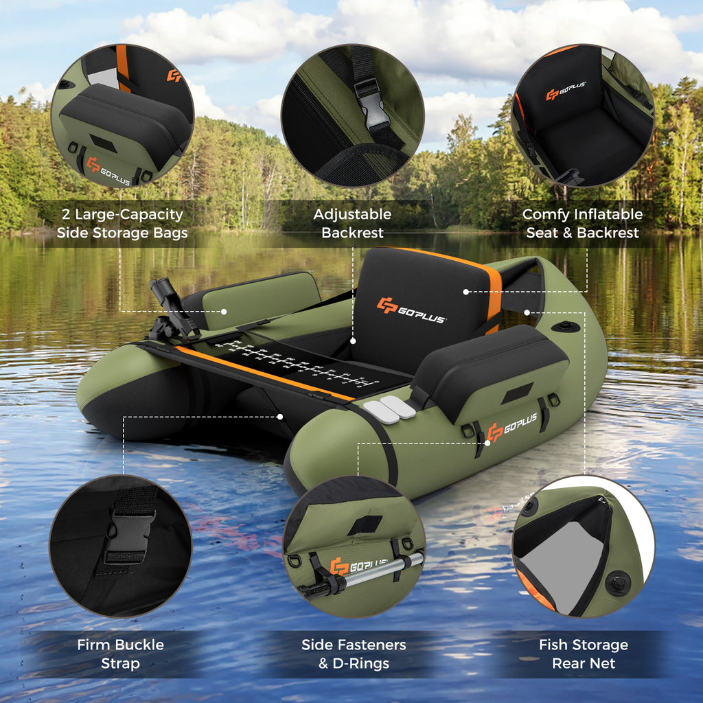 Inflatable Fishing Float Tube with Pump, Storage Pockets & Fish Ruler - Green