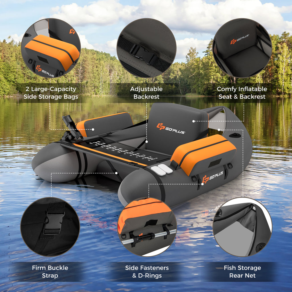 Inflatable Fishing Float Tube with Pump, Storage Pockets & Fish Ruler - Gray