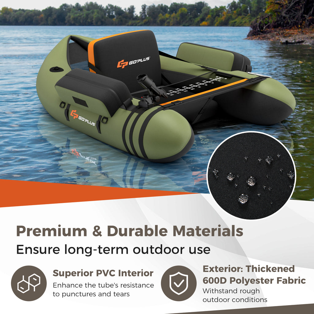 Inflatable Fishing Float Tube with Pump, Storage Pockets & Fish Ruler - Green