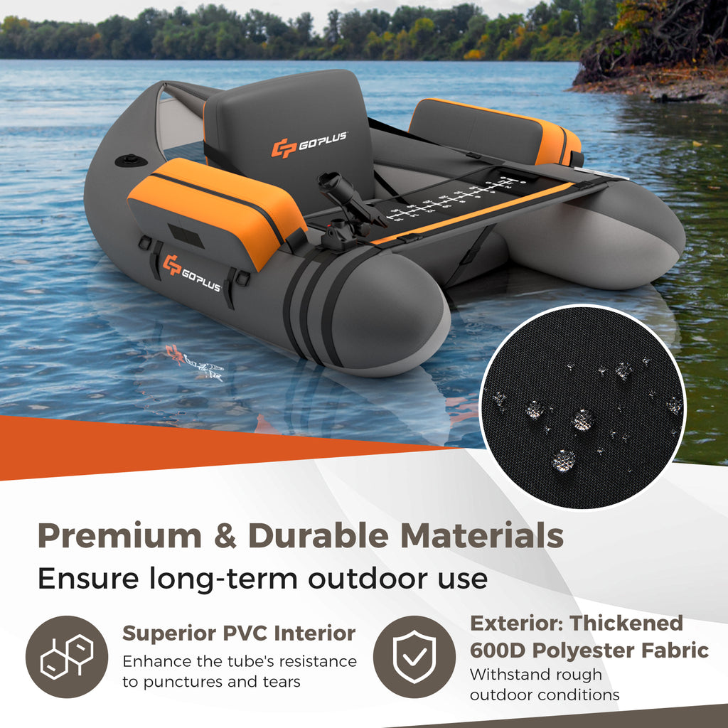 Inflatable Fishing Float Tube with Pump, Storage Pockets & Fish Ruler - Gray