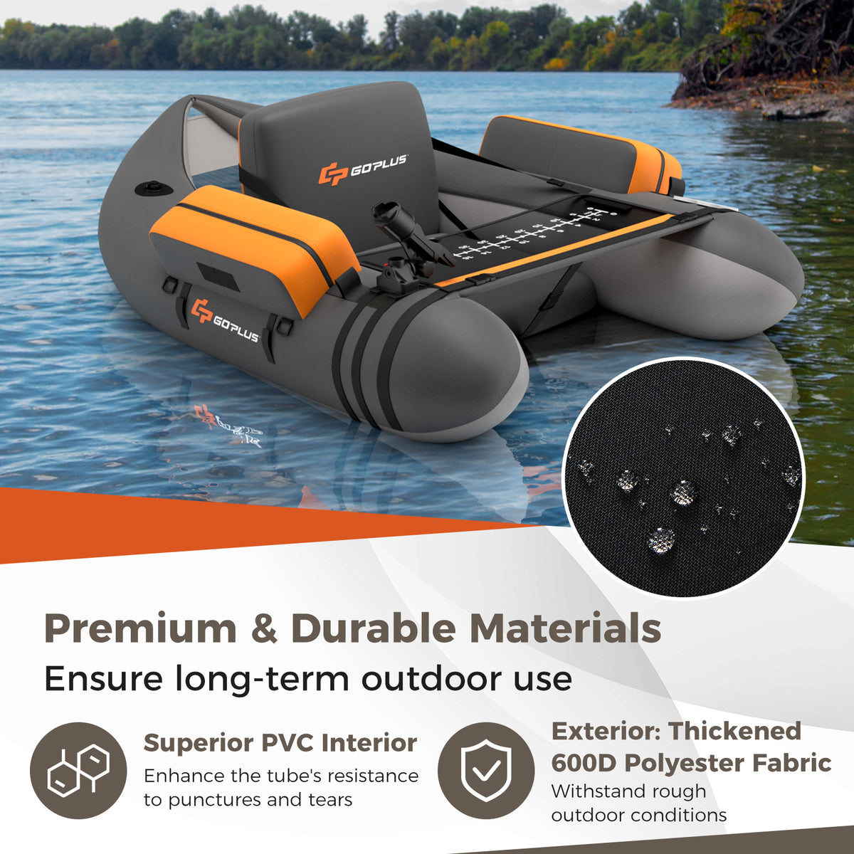 Inflatable Fishing Float Tube with Pump, Storage Pockets & Fish Ruler - Gray