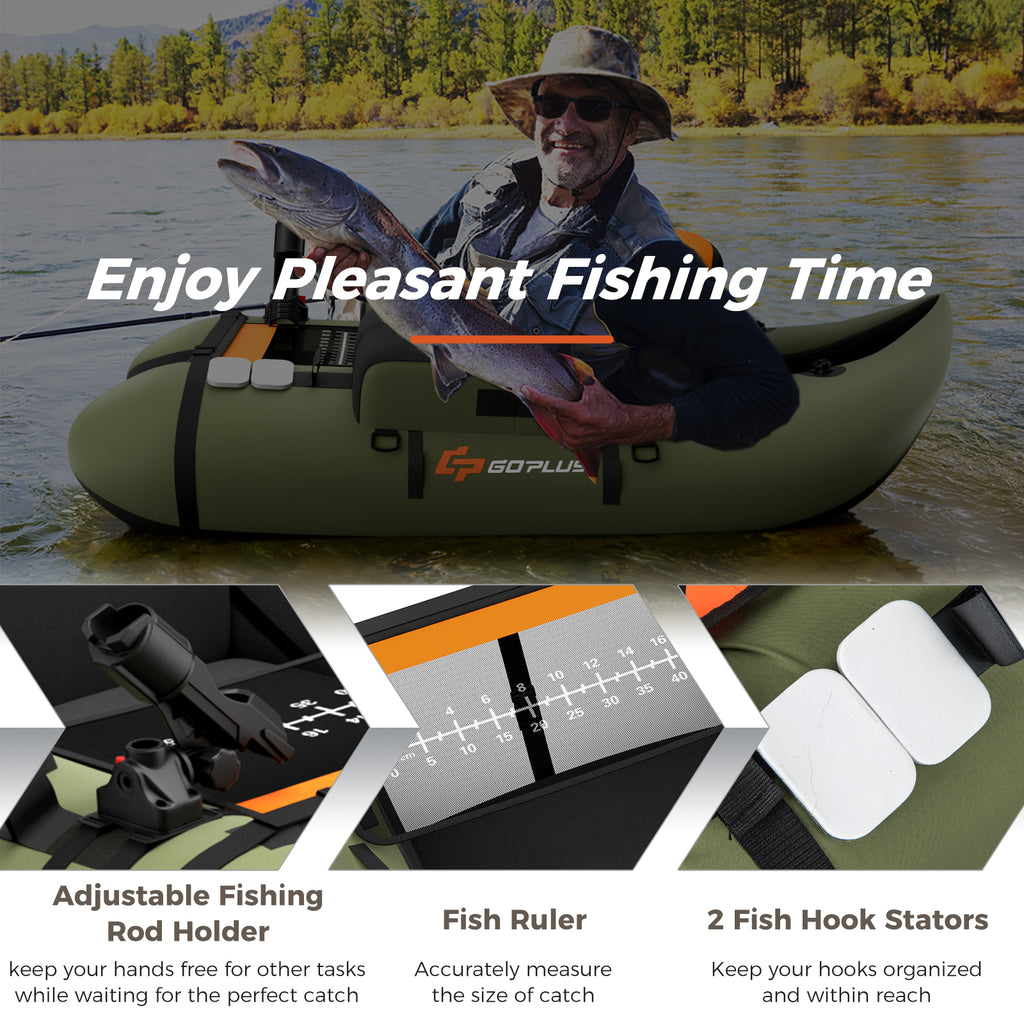Inflatable Fishing Float Tube with Pump, Storage Pockets & Fish Ruler - Green