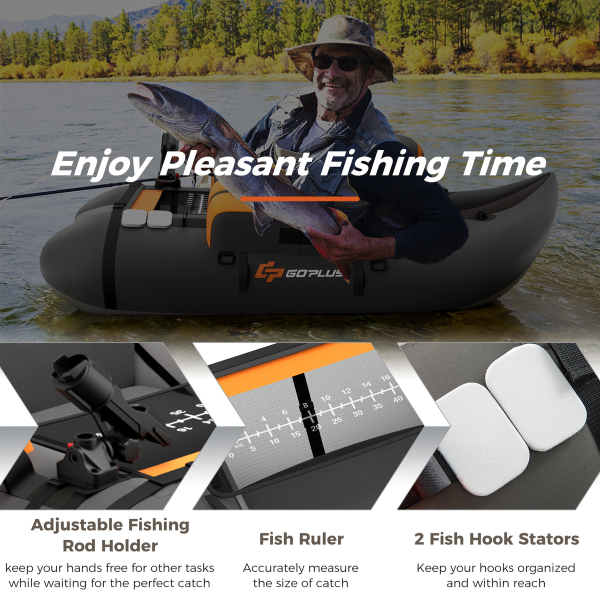 Inflatable Fishing Float Tube with Pump, Storage Pockets & Fish Ruler - Gray