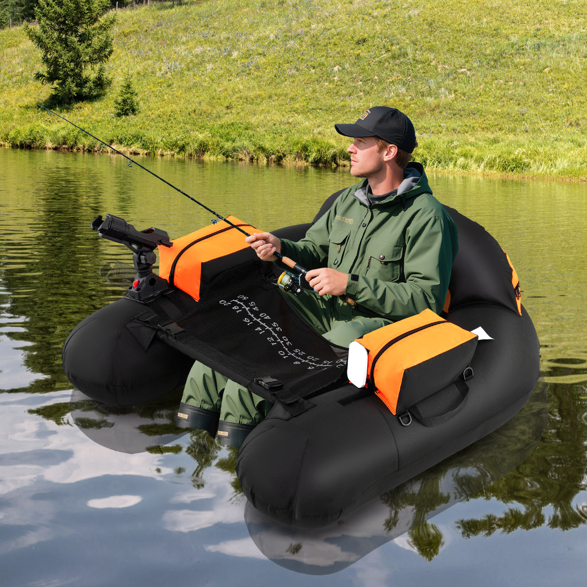Inflatable Float Tube with Adjustable Fishing Rod Holder and Fish Hook Stator - Orange