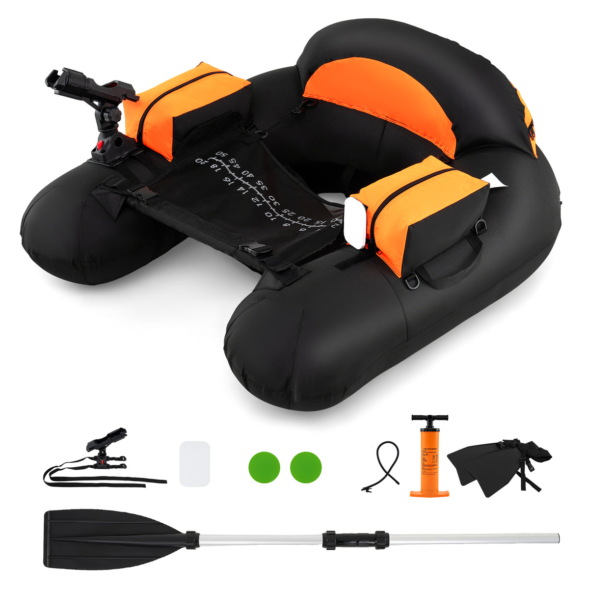 Inflatable Float Tube with Adjustable Fishing Rod Holder and Fish Hook Stator - Orange