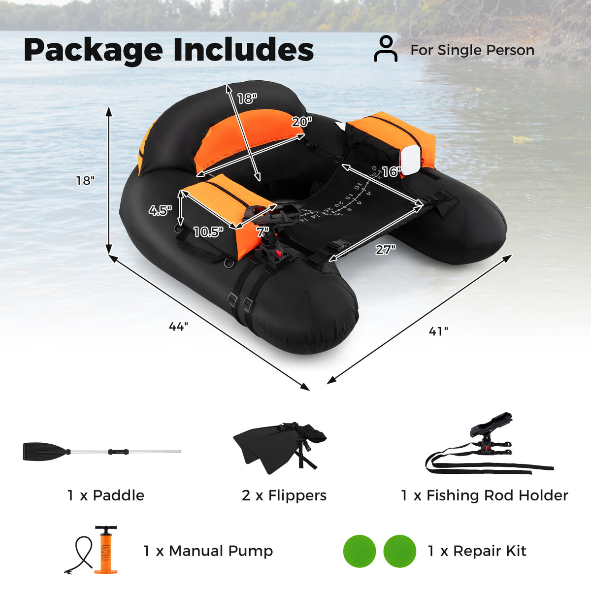 Inflatable Float Tube with Adjustable Fishing Rod Holder and Fish Hook Stator - Orange