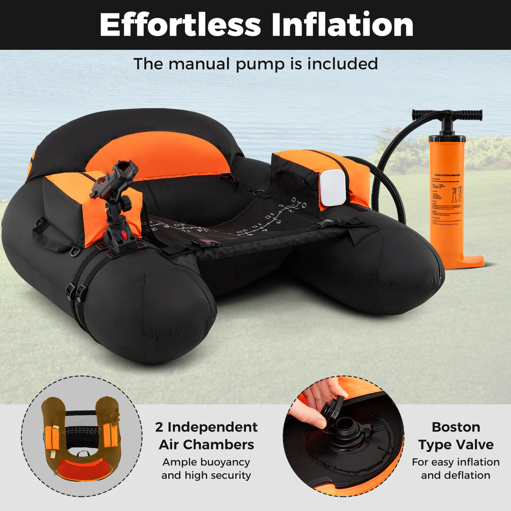 Inflatable Float Tube with Adjustable Fishing Rod Holder and Fish Hook Stator - Orange