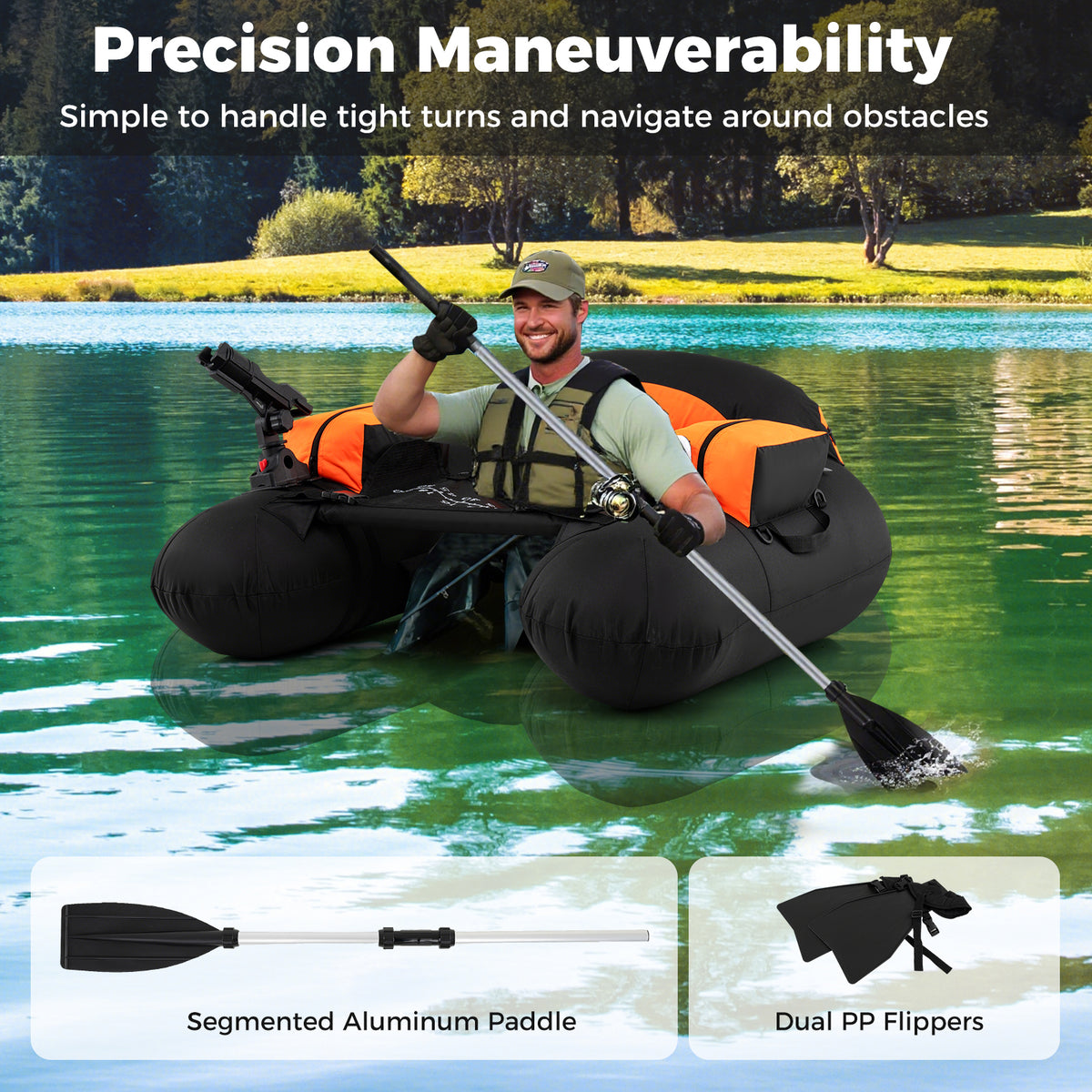 Inflatable Float Tube with Adjustable Fishing Rod Holder and Fish Hook Stator - Orange