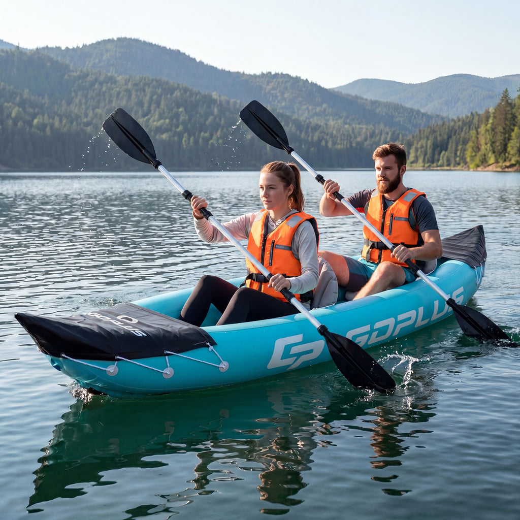 Inflatable 2 Person Kayak with Aluminum Paddles Heavy Duty Touring Boat Blue - Costway